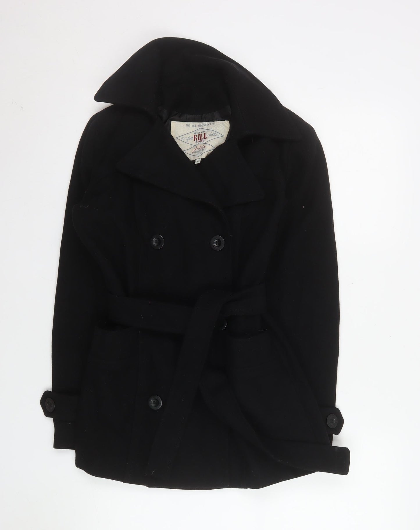 The Kill Industry Womens Black Wool Pea Coat Size 12 Belted