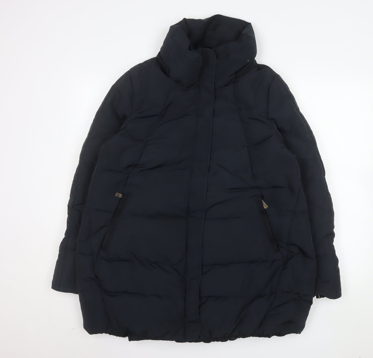 ZARA Women Black Long Puffer Coat L Insulated Zip Winter Jacket