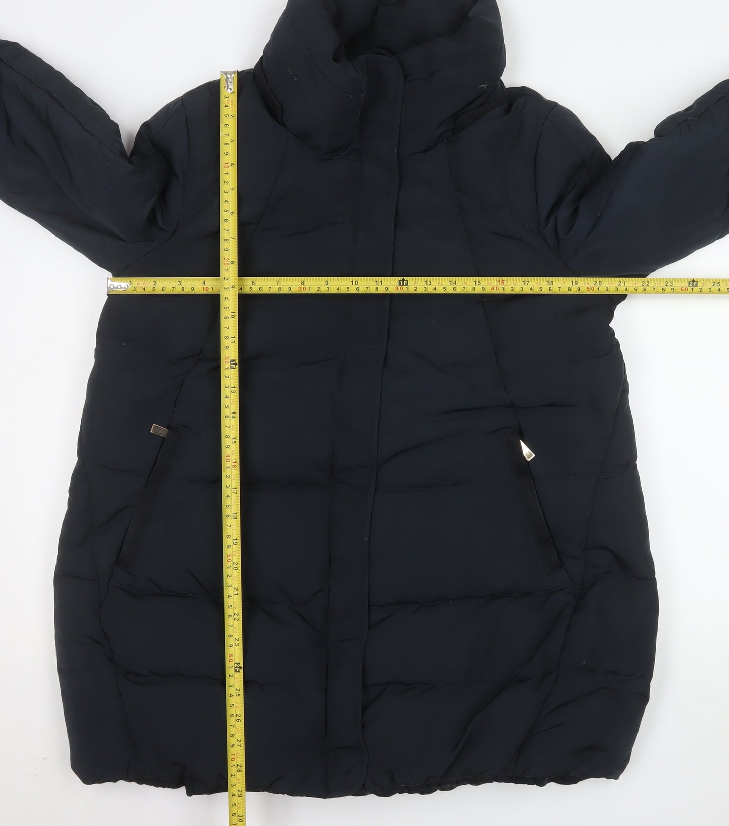 ZARA Women Black Long Puffer Coat L Insulated Zip Winter Jacket