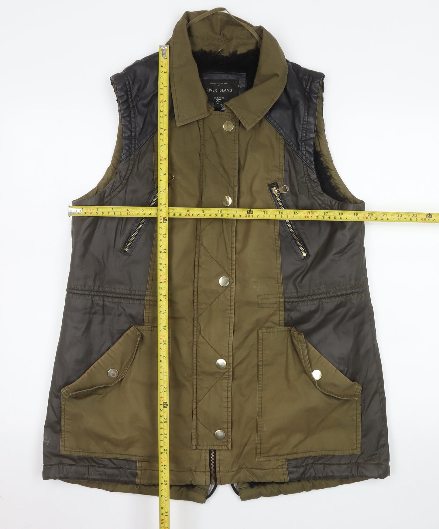 River Island Women Green Quilted Waistcoat UK 14 Faux Leather Trim
