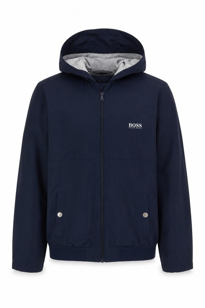 Hugo Boss Boys Blue Hooded Windbreaker Jacket 12 Years Polyester Full Zip