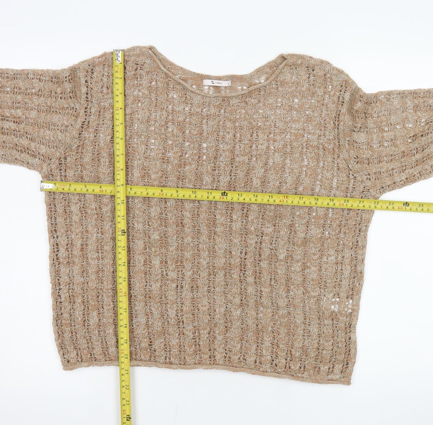 Tu Women Beige Open-Knit Cotton Blend Pullover Jumper Size 12