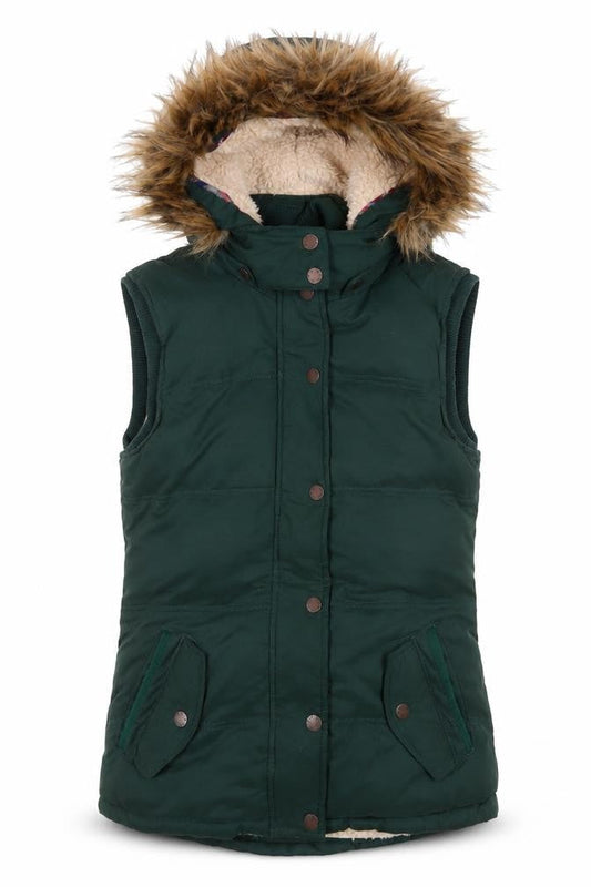 FatFace Women's Green Faux Fur Hooded Puffer Gilet Size 10