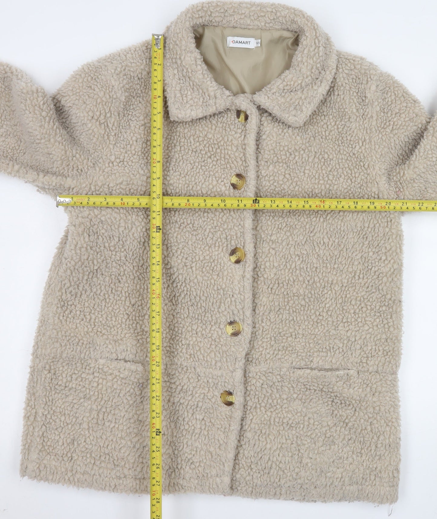 Damart Women Beige Teddy Coat Size 14 Mid-Length Button Front