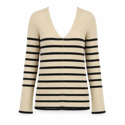 V by Very Womens Beige Black Striped V-Neck Knit Top Size 8