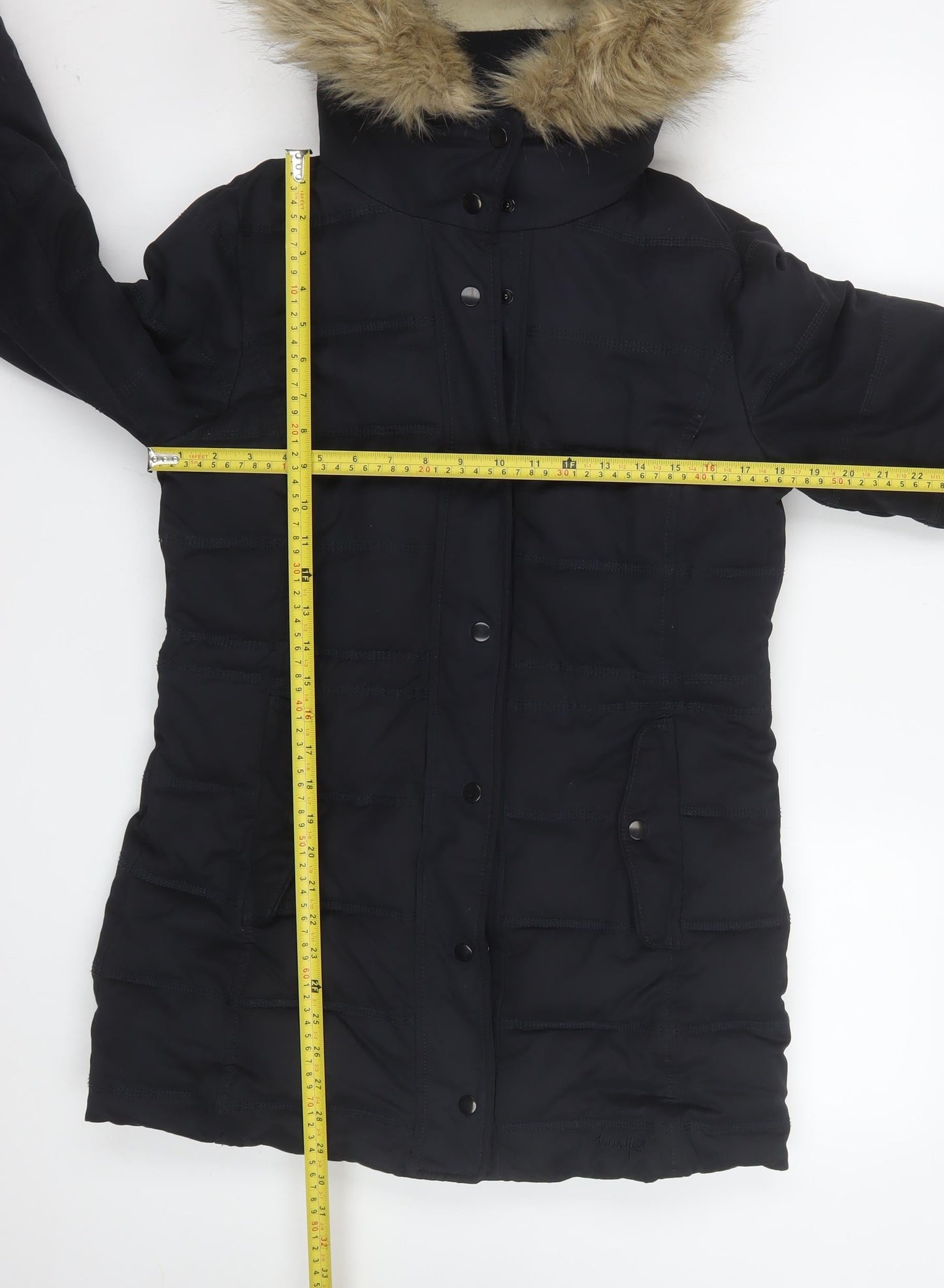 Weird Fish Women’s Black Fur Trim Hooded Parka Coat Size 8