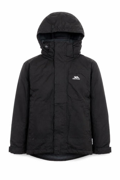 Front view of Trespass boys’ black 5-6 years hooded waterproof parka jacket
