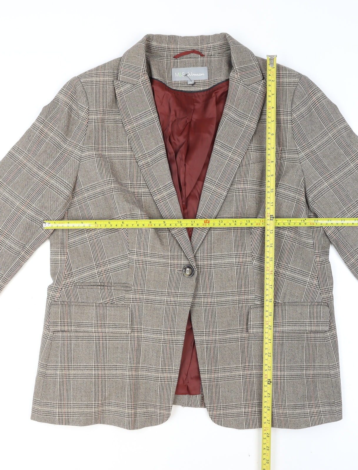 Marks and Spencer Womens Beige Check Single Breasted Blazer Size 20