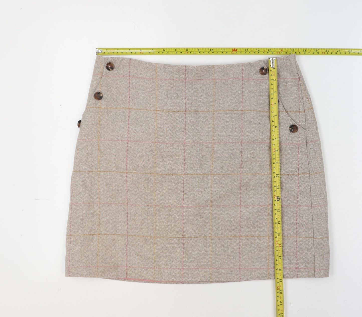 Joules Womens Beige Wool Blend Check Knee Length A-Line Skirt UK 14