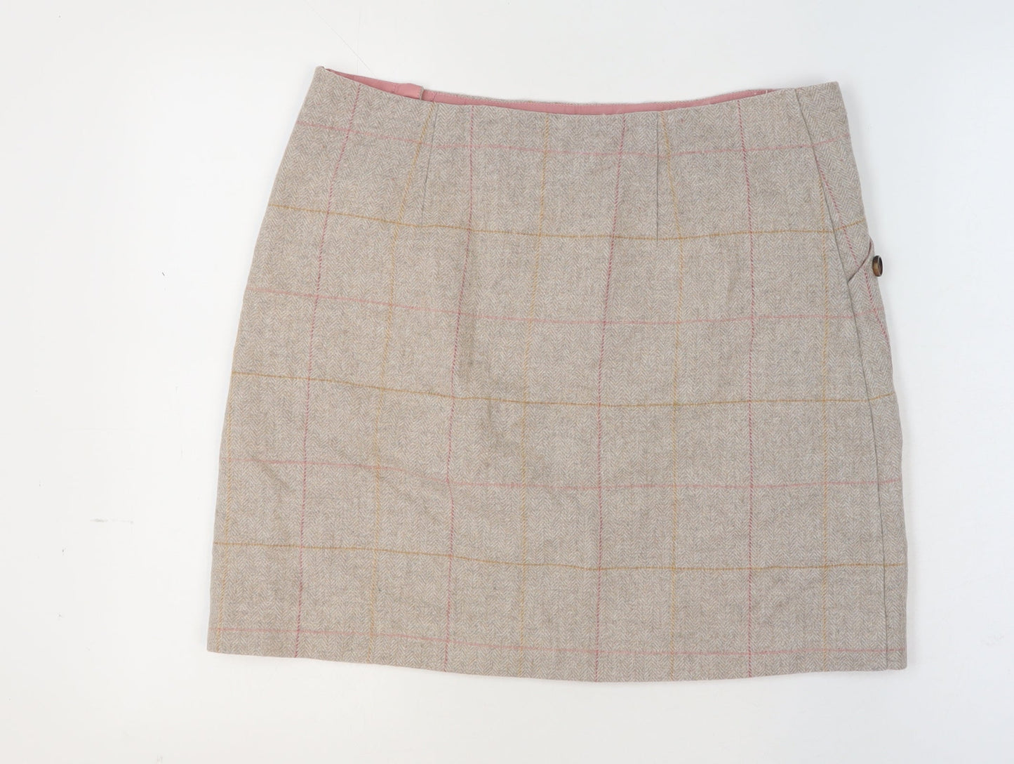 Joules Womens Beige Wool Blend Check Knee Length A-Line Skirt UK 14