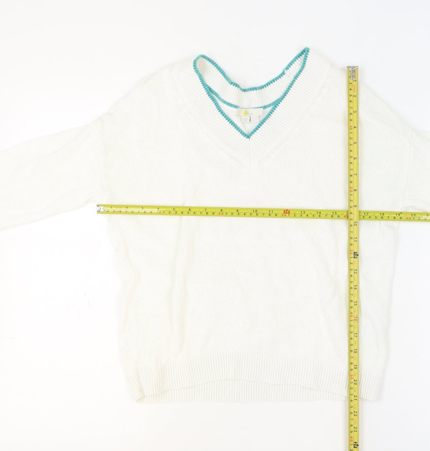 Boden Womens White Rainbow Cuff V-Neck Cotton Jumper UK 10