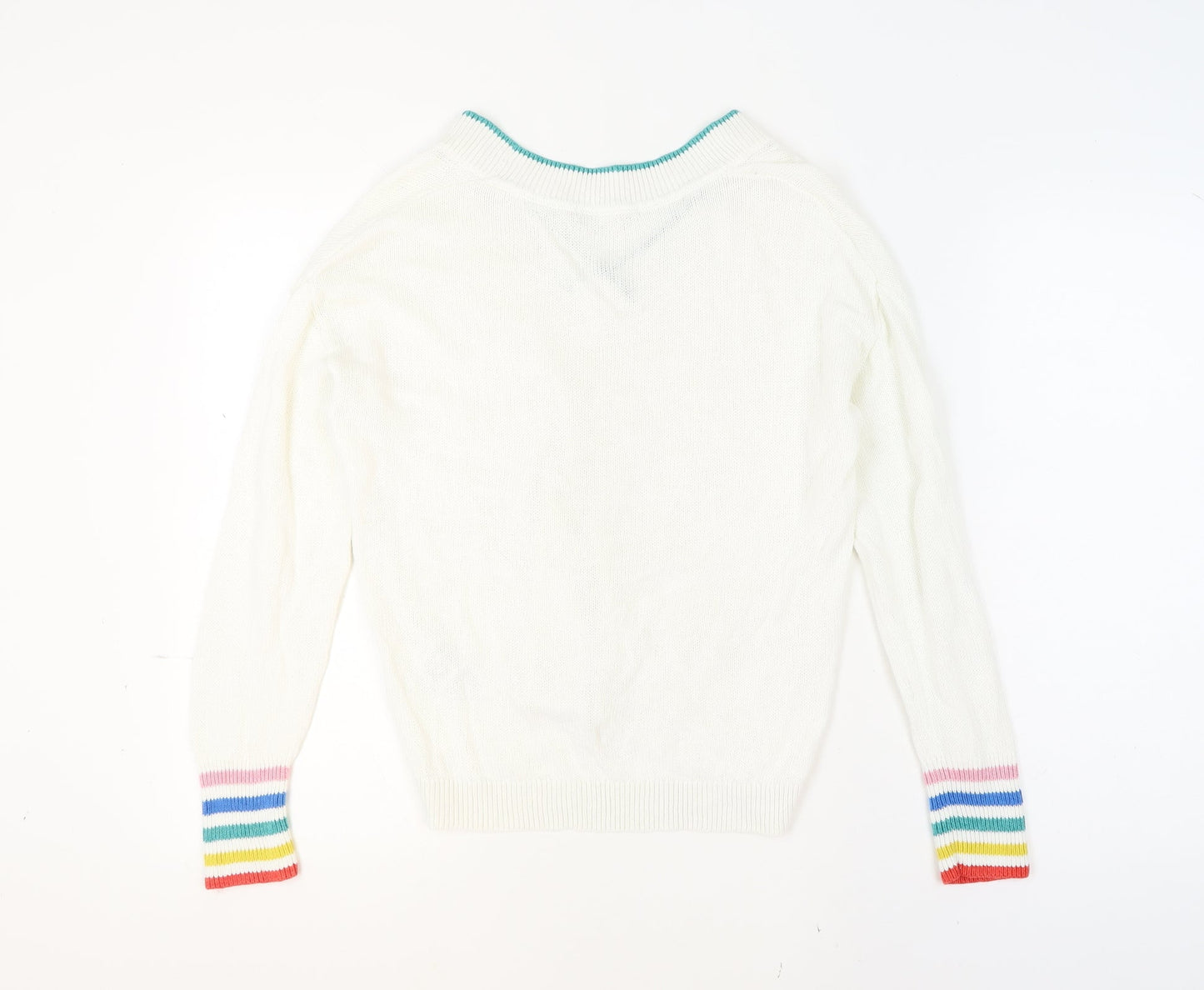 Boden Womens White Rainbow Cuff V-Neck Cotton Jumper UK 10