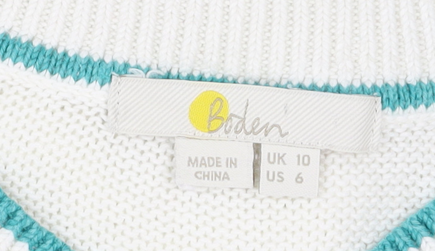 Boden Womens White Rainbow Cuff V-Neck Cotton Jumper UK 10