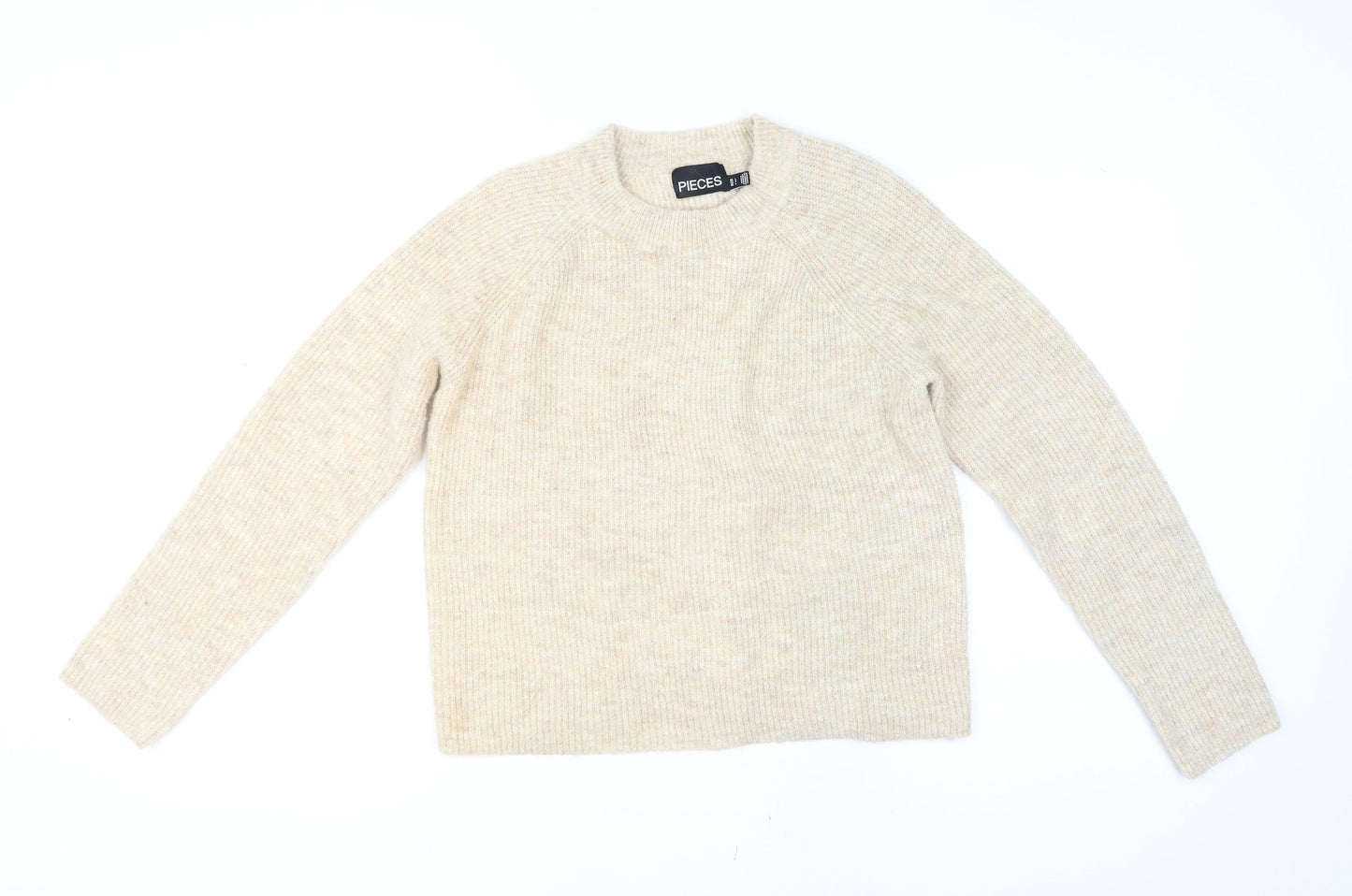 Pieces Womens Beige Wool Blend Knit Jumper L Long Sleeve Crew Neck