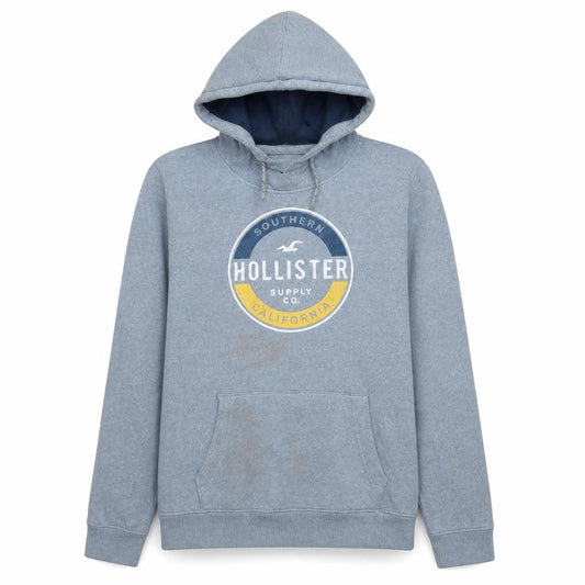 Hollister Men Blue Pullover Hoodie L Fleece Graphic Print Casual