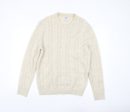 Zara Mens Beige Cable-Knit Wool Blend Pullover Jumper L