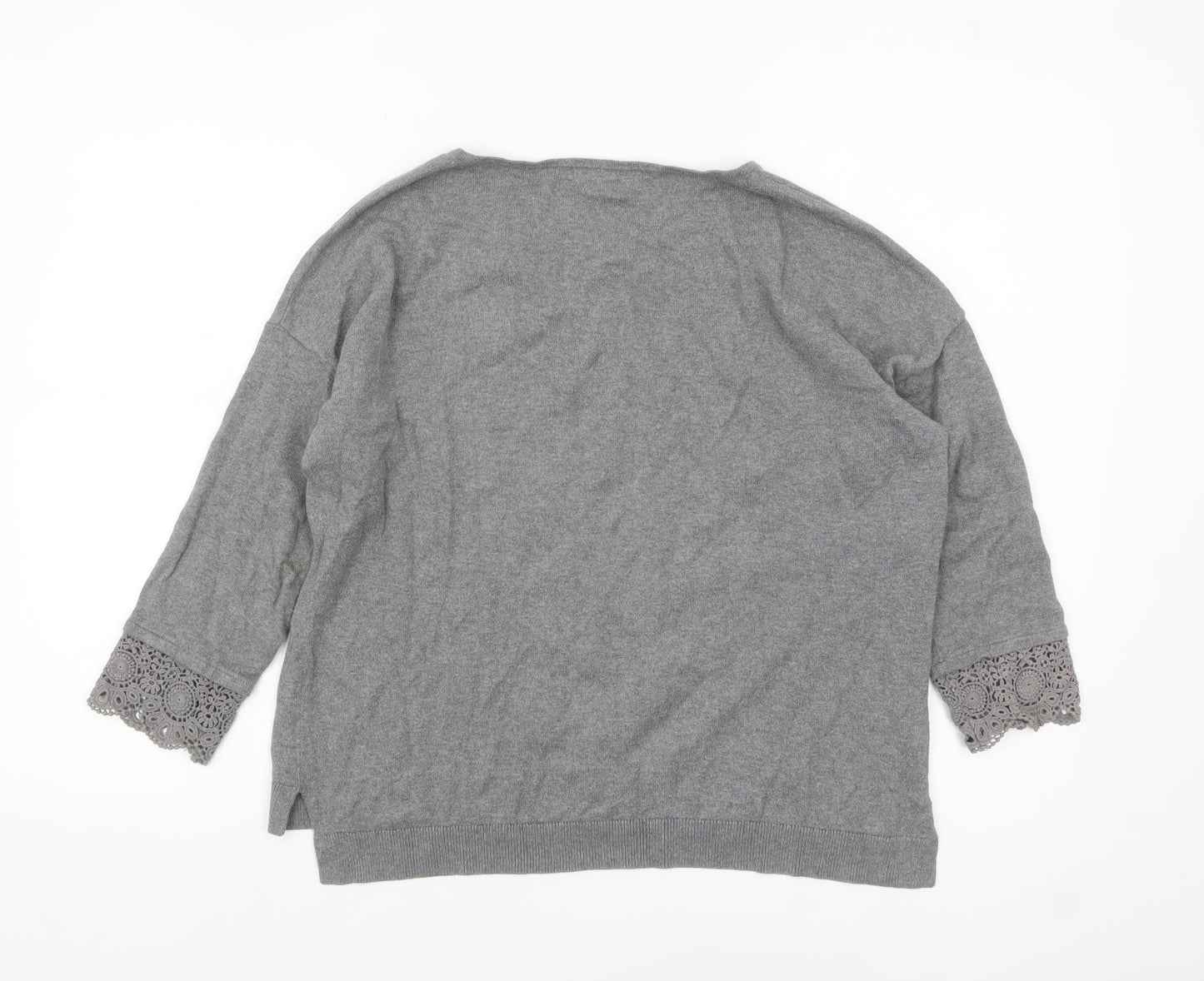 Laura Ashley Women’s Grey Cotton 3/4 Sleeve Crochet Jumper M
