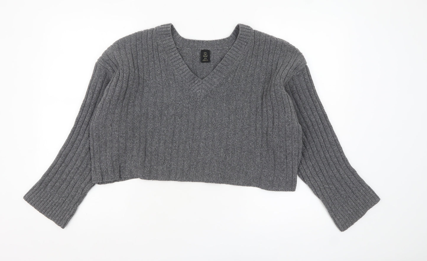 Urban Outfitters Women’s Grey V-Neck Ribbed Knit Jumper M