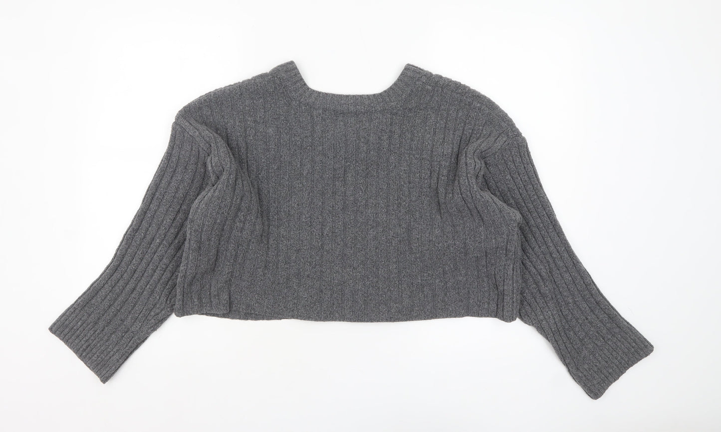 Urban Outfitters Women’s Grey V-Neck Ribbed Knit Jumper M