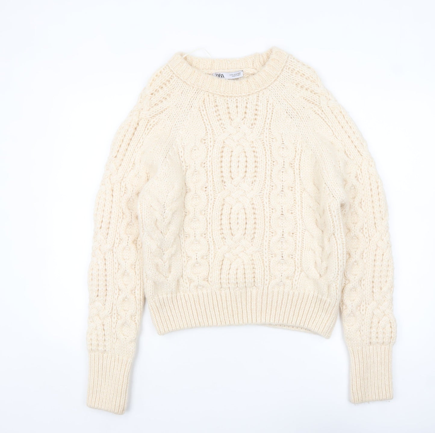 Zara Women Ivory Cable-Knit Wool Blend Pullover Jumper M