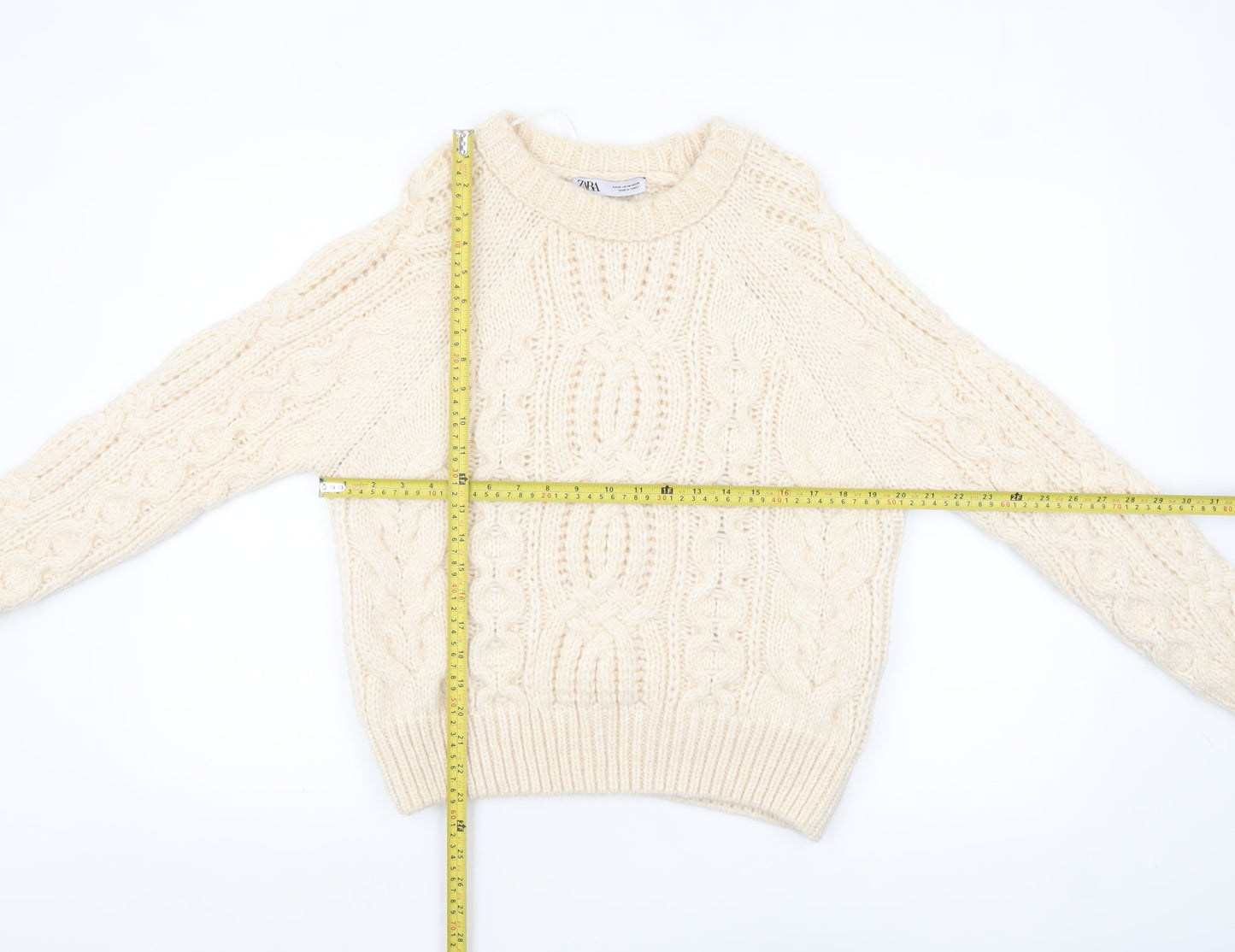 Zara Women Ivory Cable-Knit Wool Blend Pullover Jumper M