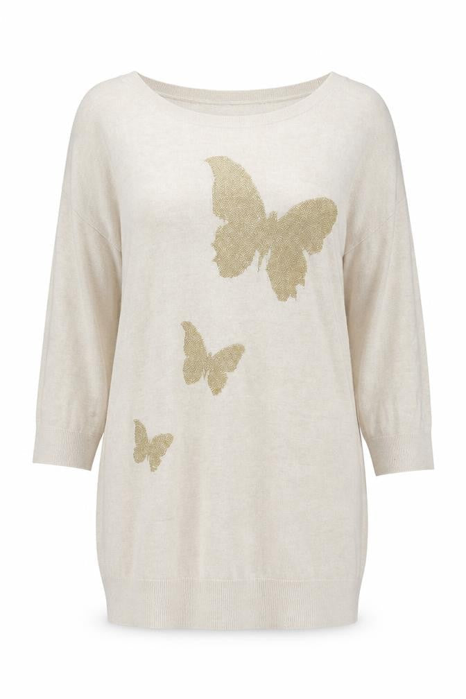 Wallis Womens Beige Butterfly Pullover Jumper M 3/4 Sleeve Cotton Blend