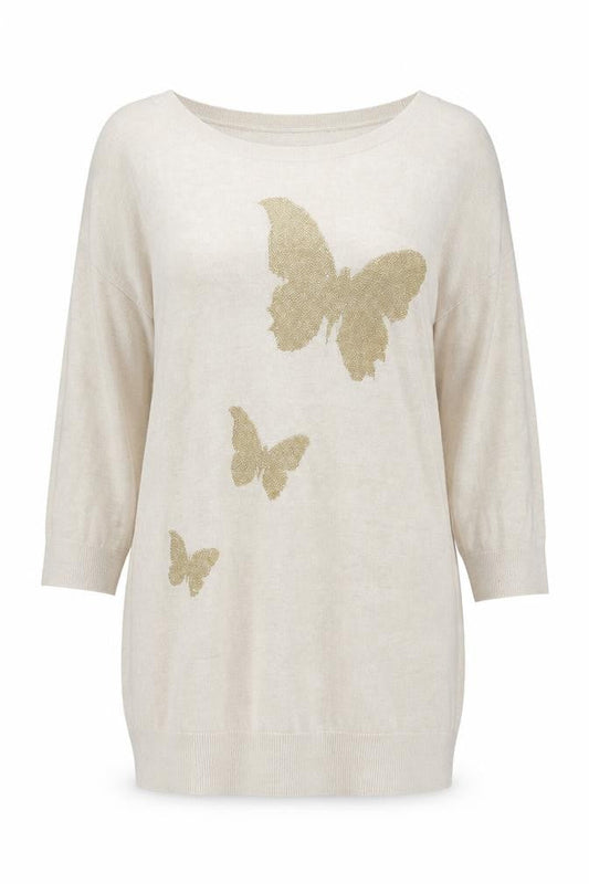 Wallis Womens Beige Butterfly Pullover Jumper M 3/4 Sleeve Cotton Blend