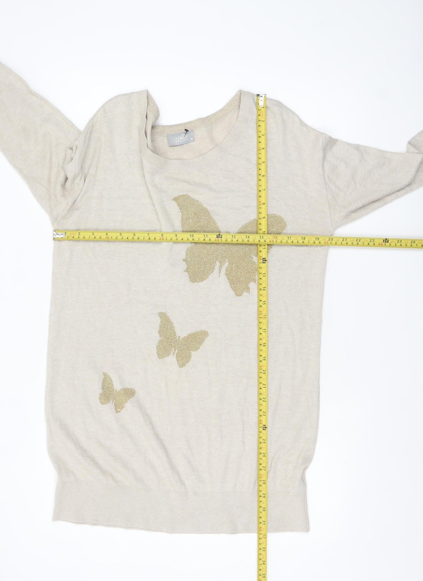 Wallis Womens Beige Butterfly Pullover Jumper M 3/4 Sleeve Cotton Blend