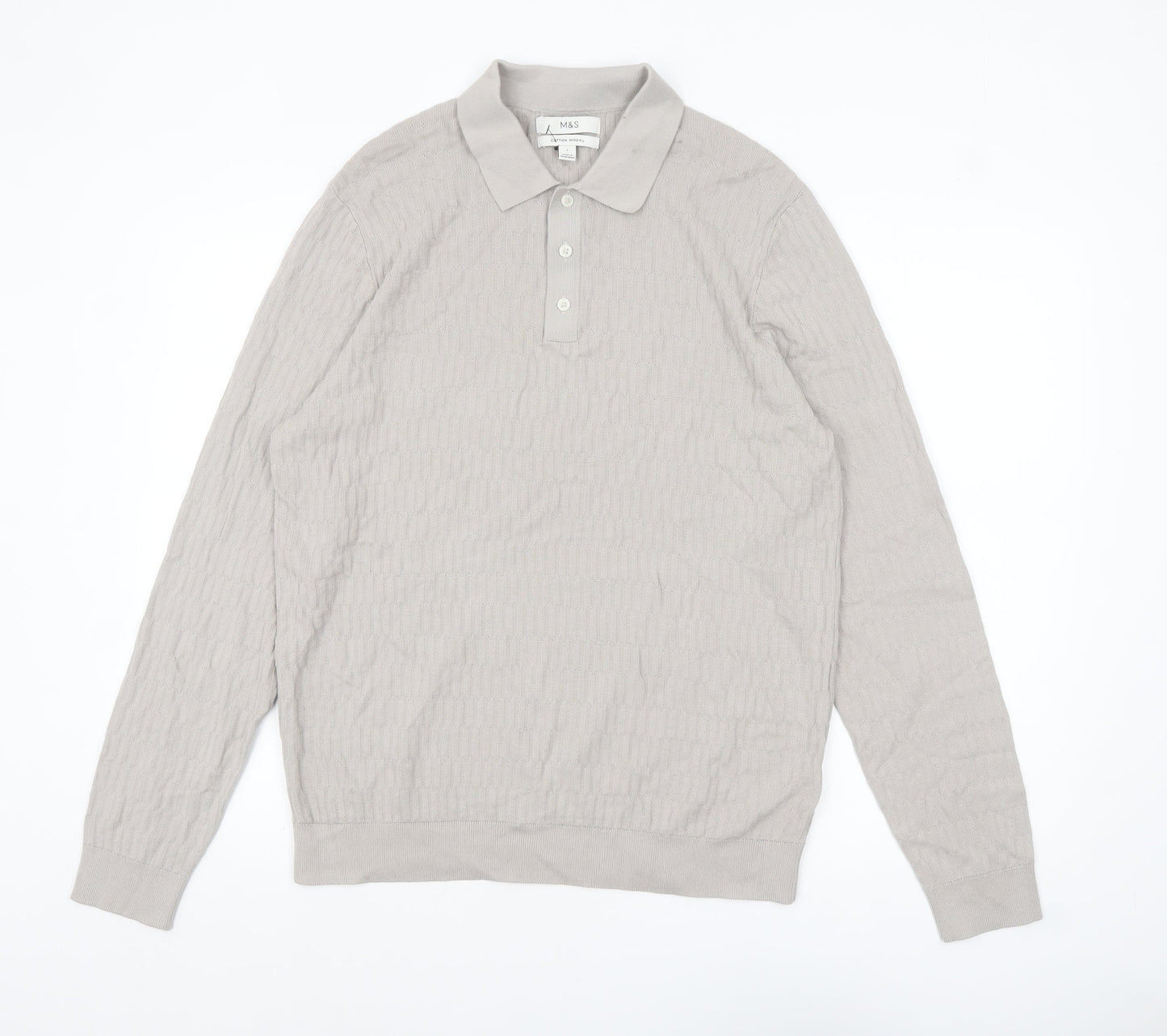 Marks and Spencer Mens Beige Cotton Modal Collared Henley Jumper L