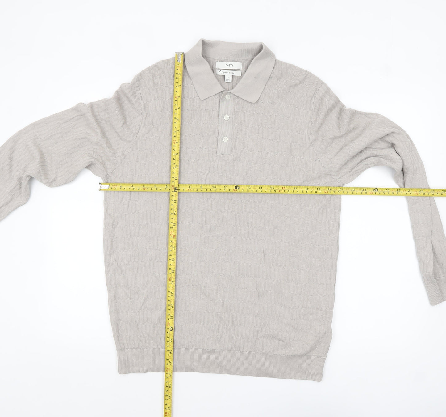 Marks and Spencer Mens Beige Cotton Modal Collared Henley Jumper L