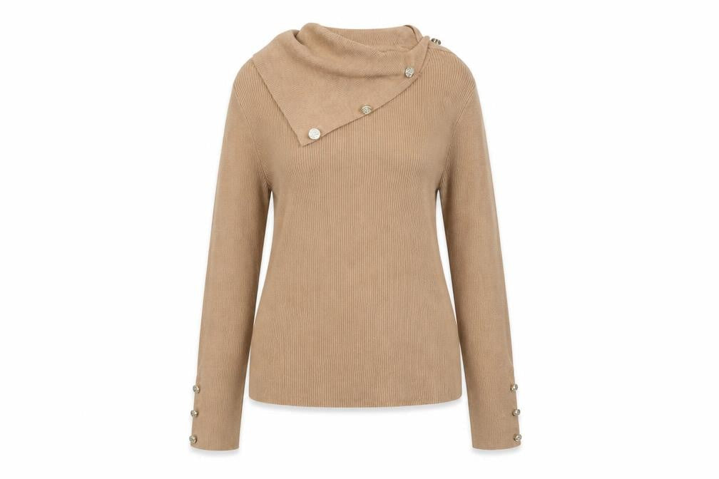 Lipsy Women Beige High Neck Button Detail Slim Fit Jumper Size 12