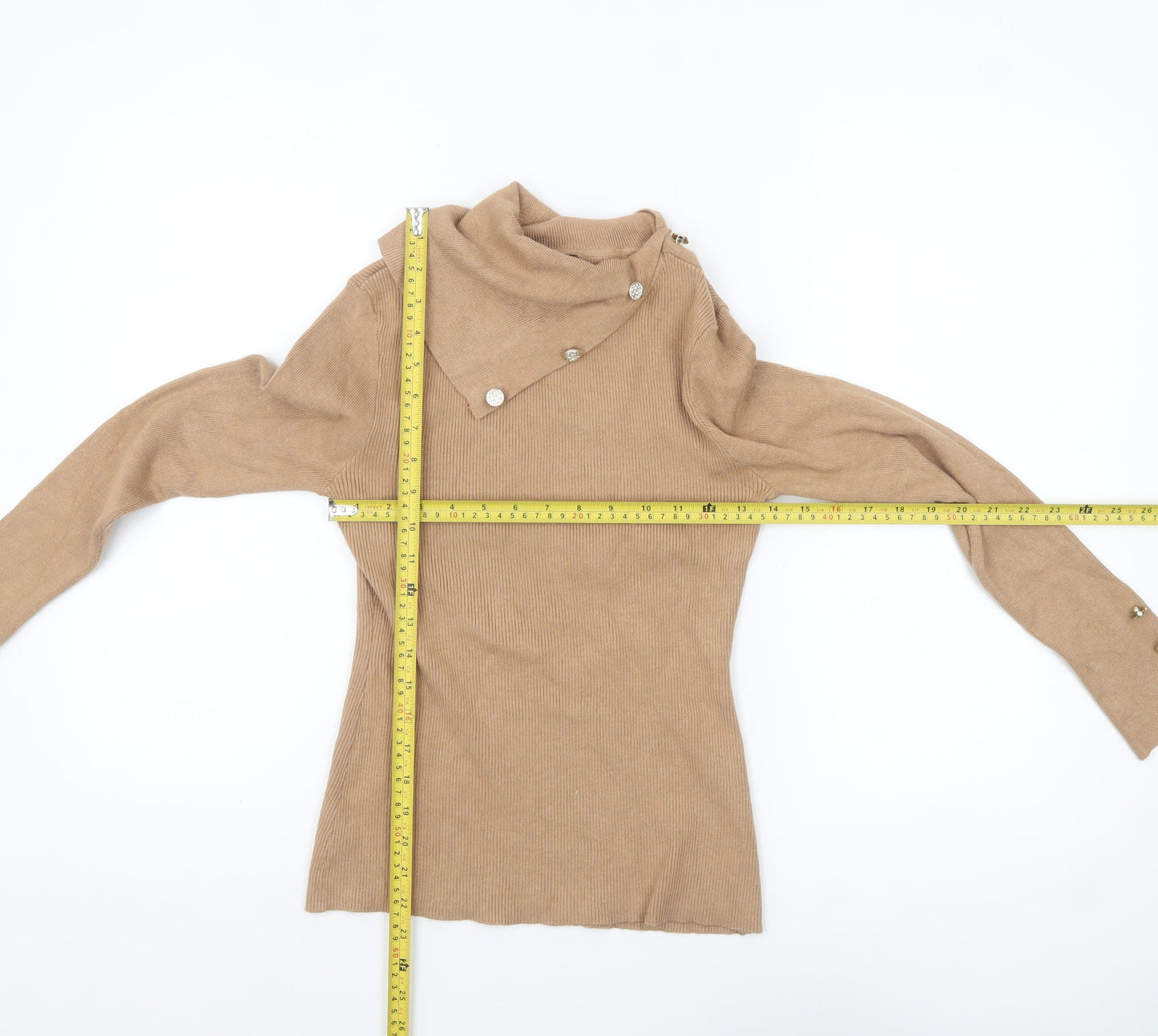 Lipsy Women Beige High Neck Button Detail Slim Fit Jumper Size 12