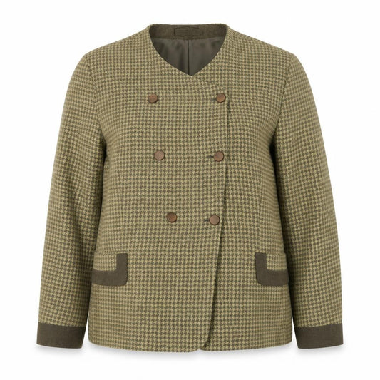 Jacques Vert Womens Green Houndstooth Blazer UK 18 Wool Blend Lined Double Breasted