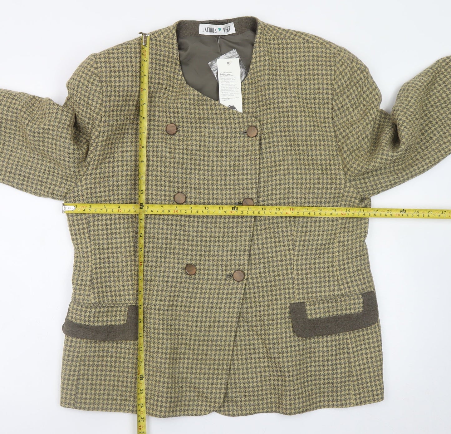 Jacques Vert Womens Green Houndstooth Blazer UK 18 Wool Blend Lined Double Breasted