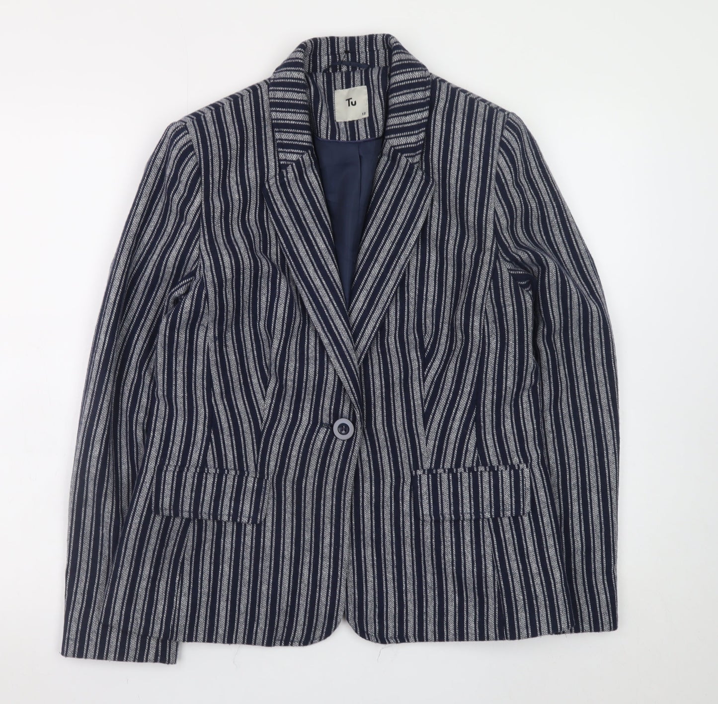 Tu Women Blue Striped Blazer Size 12 Single-Breasted Work Jacket