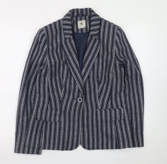 Tu Women Blue Striped Blazer Size 12 Single-Breasted Work Jacket