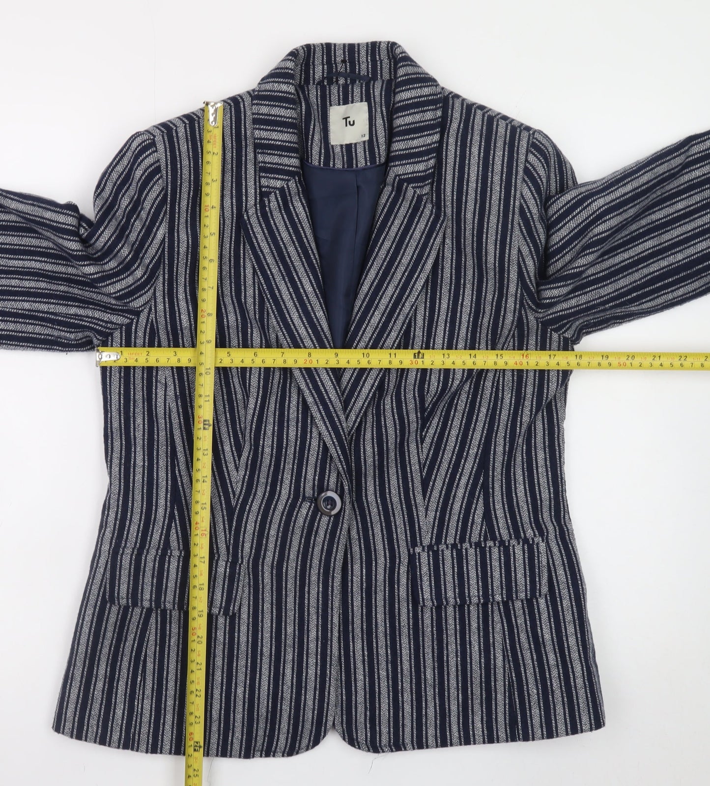 Tu Women Blue Striped Blazer Size 12 Single-Breasted Work Jacket