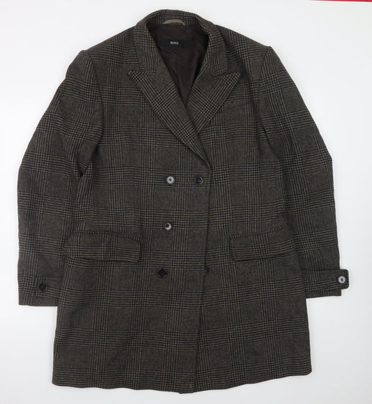 Hugo Boss Men's Grey Checked Wool Overcoat Size 42R Classic Double-Breasted