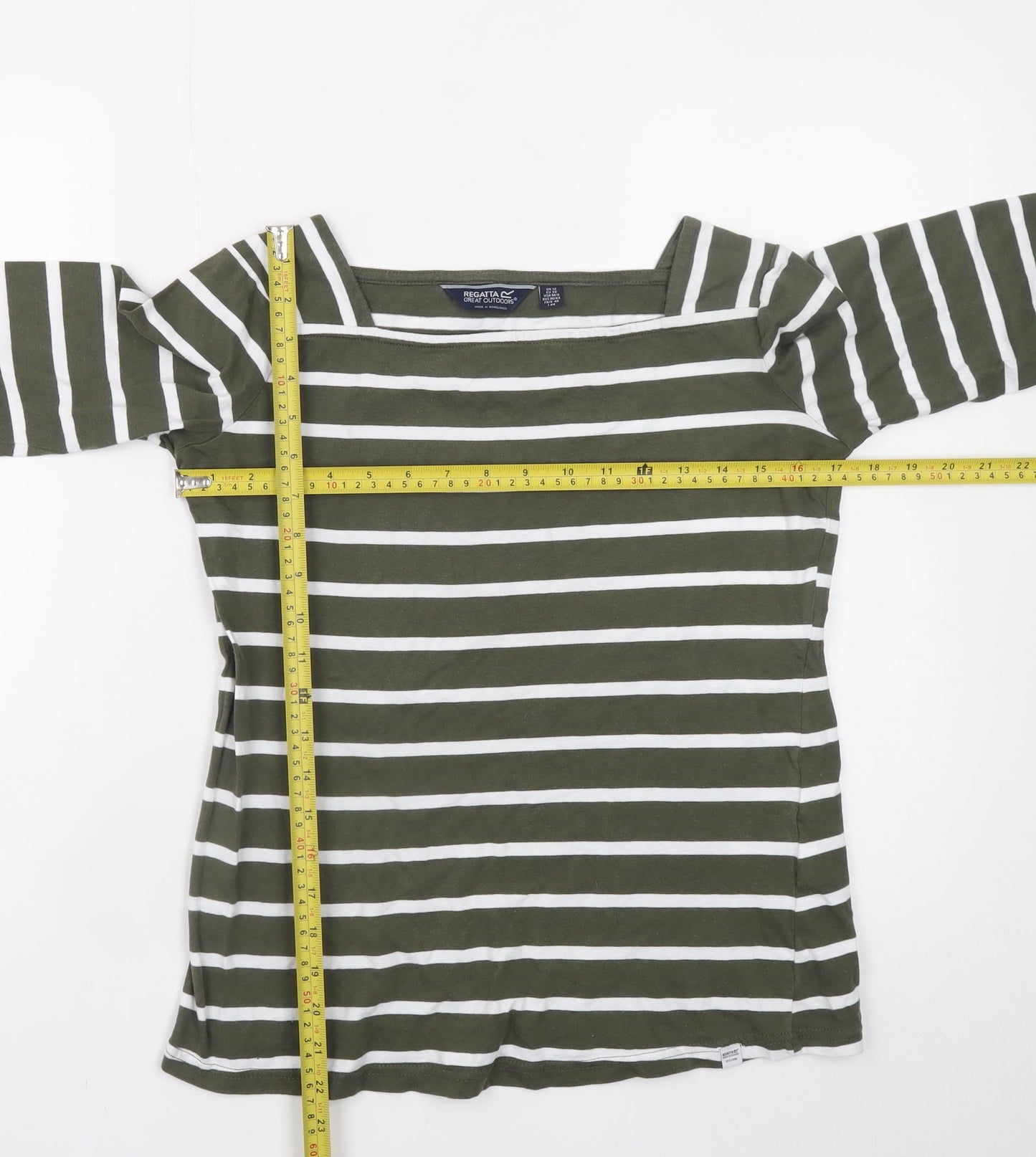 Regatta Women Green White Striped 3/4 Sleeve Cotton Boat Neck Top Size 12