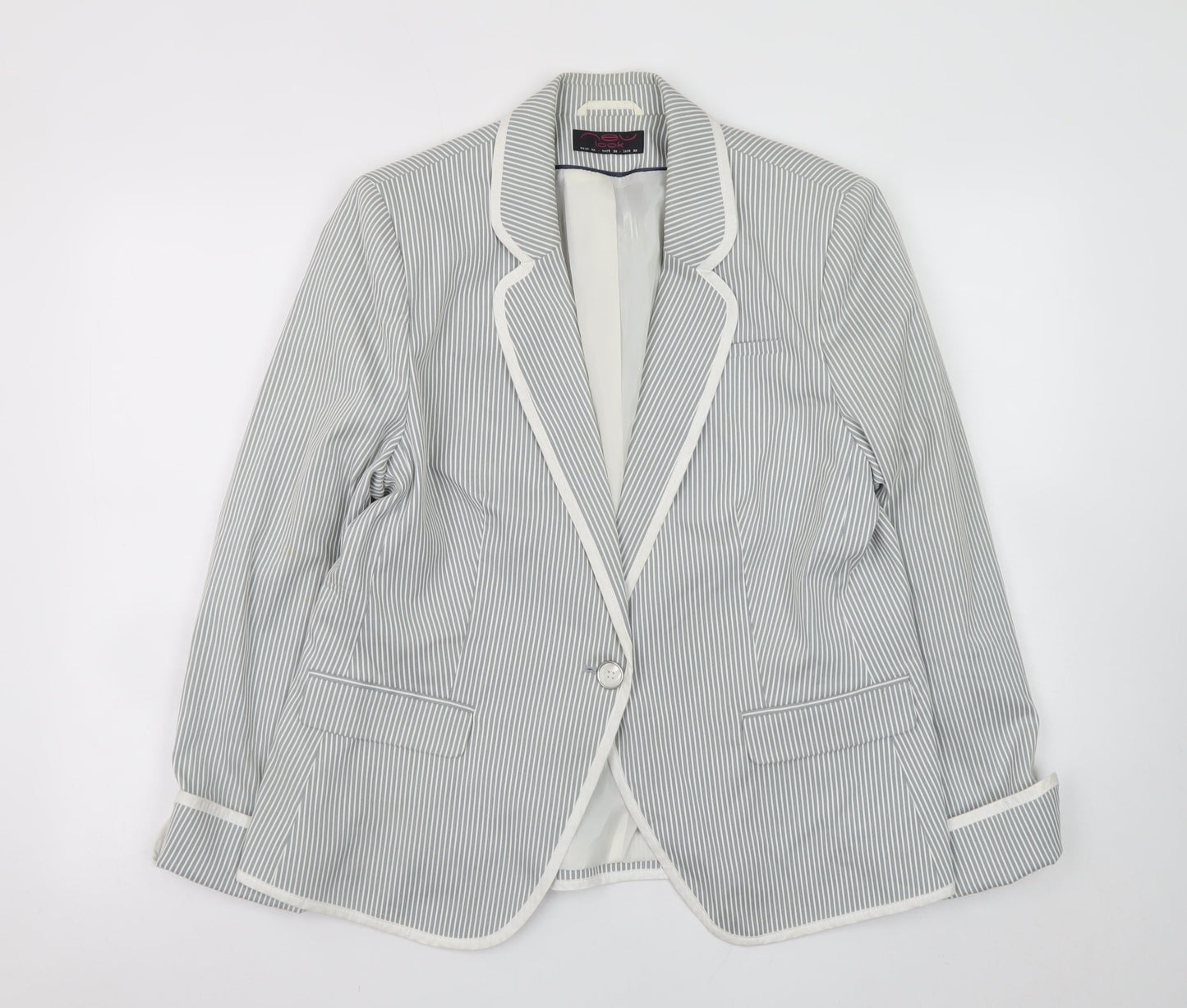 New Look Women Grey Striped Blazer UK 18 Classic Mid-Length Jacket