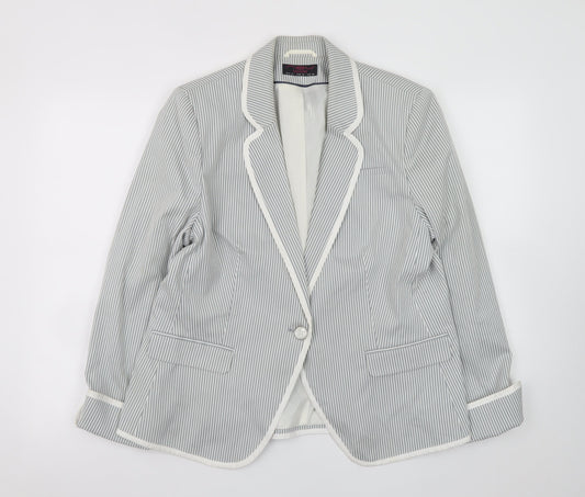 New Look Women Grey Striped Blazer UK 18 Classic Mid-Length Jacket