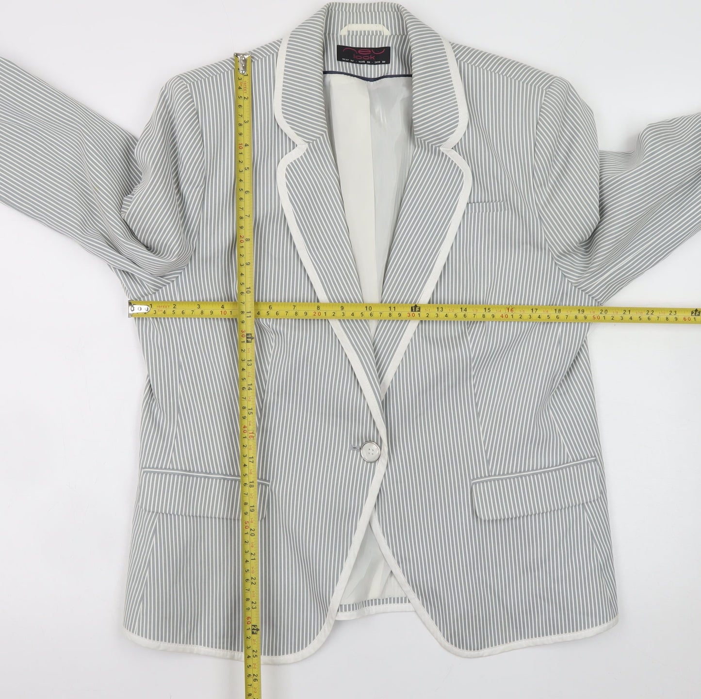 New Look Women Grey Striped Blazer UK 18 Classic Mid-Length Jacket