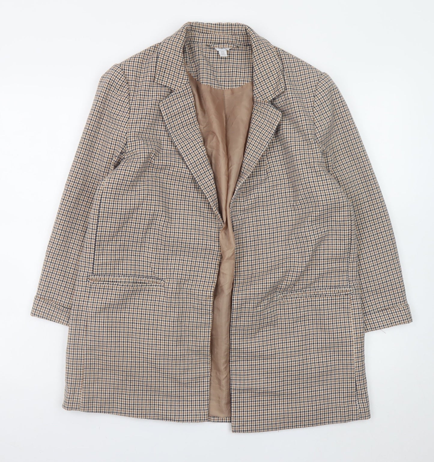 M&Co Women Beige Check Blazer UK14 Lined Mid-Length Jacket