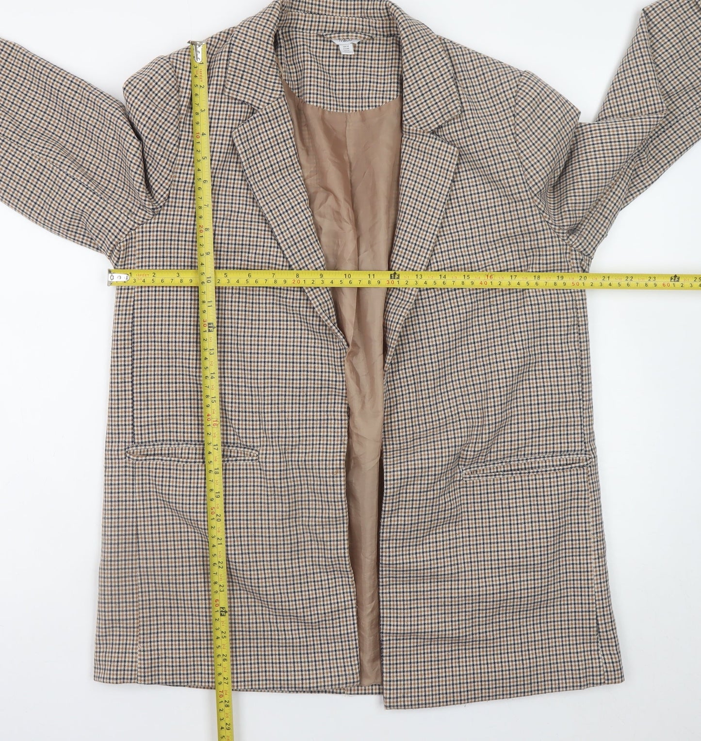 M&Co Women Beige Check Blazer UK14 Lined Mid-Length Jacket