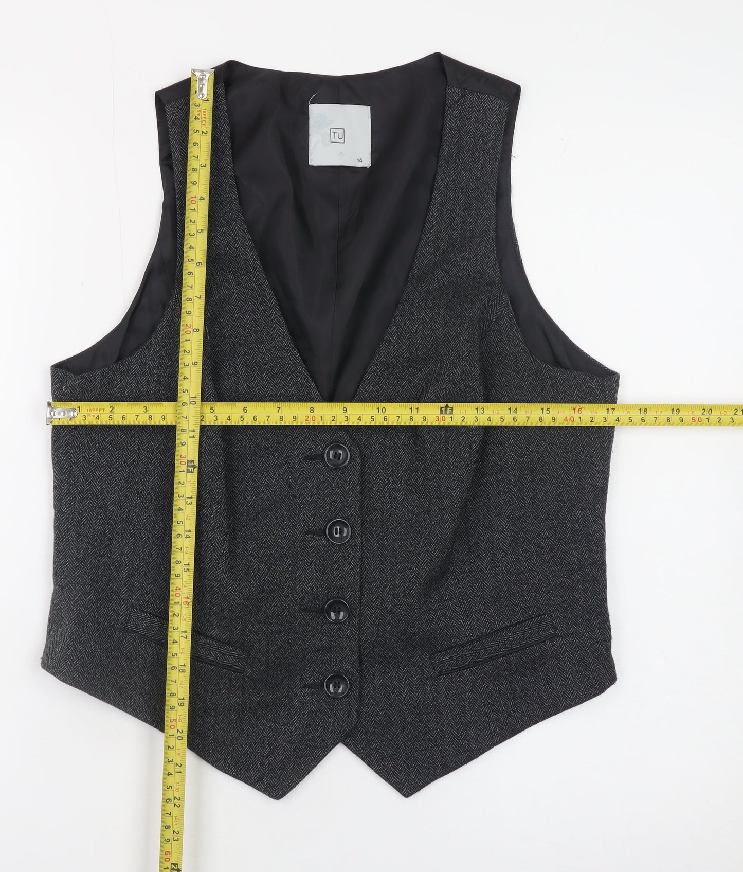 TU Women’s Grey Herringbone Tweed Waistcoat Size 14 Classic V-Neck