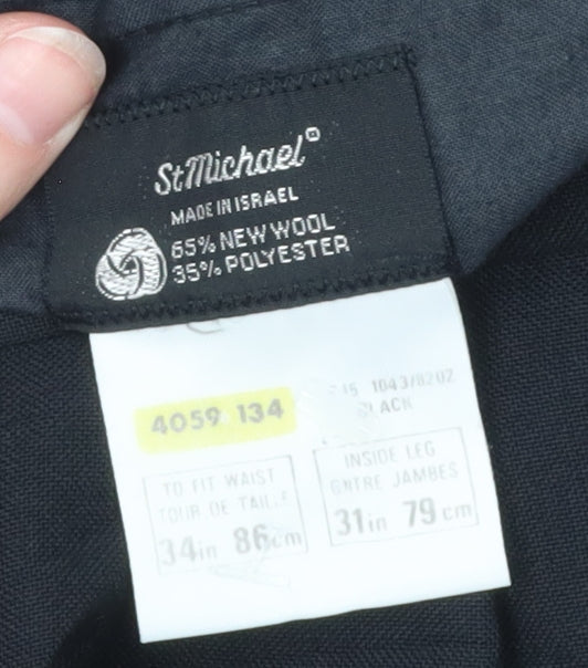Marks and Spencer Mens Black Wool Blend Pleated Dress Trousers 34W 31L