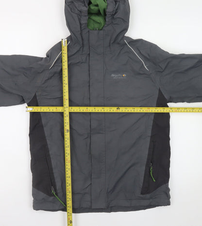 Back view of Regatta boys’ grey hooded waterproof rain jacket, size 164, regular fit
