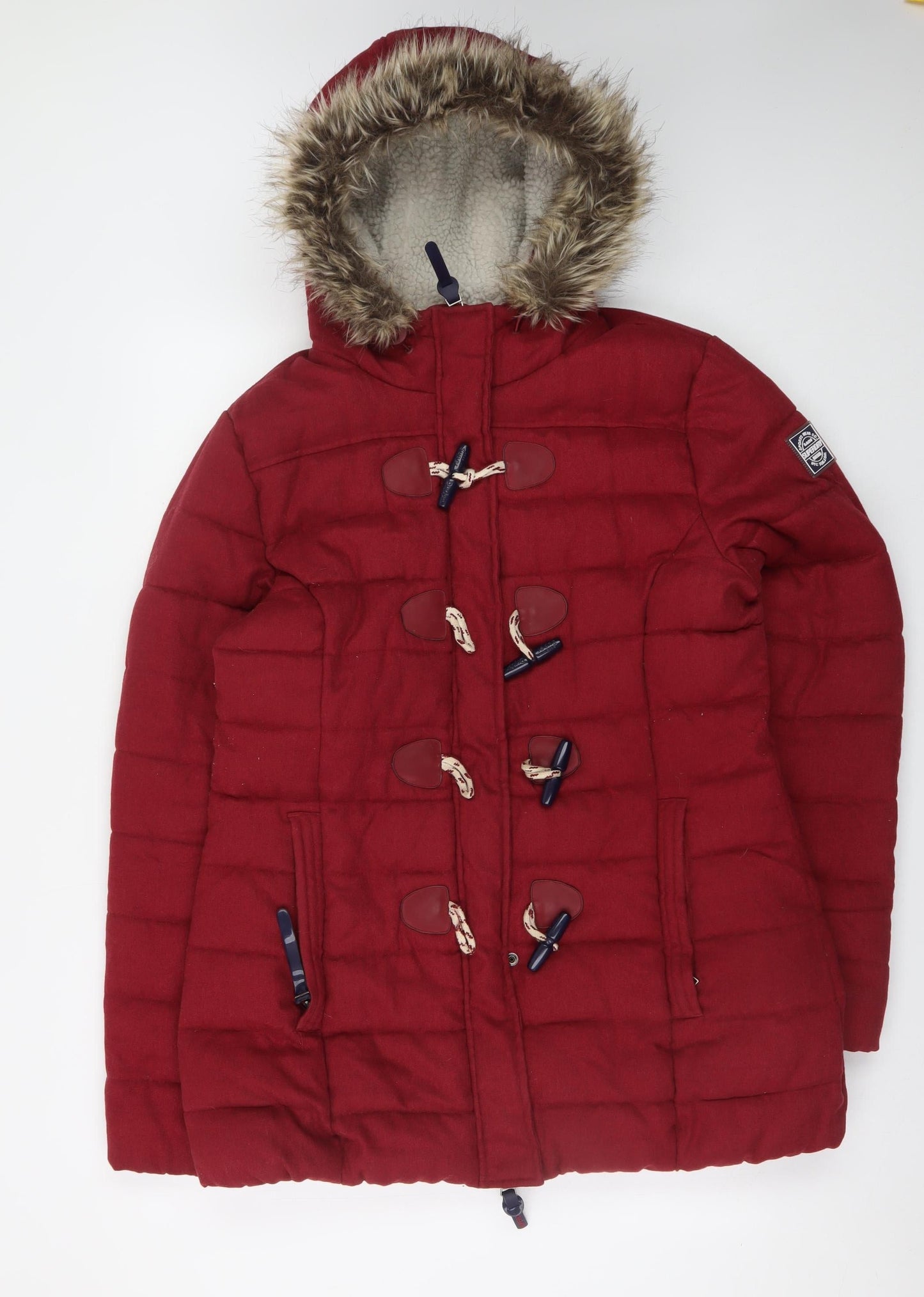 Superdry Women's Red XL Mid-Length Duffle Coat Hooded Faux Fur Trim