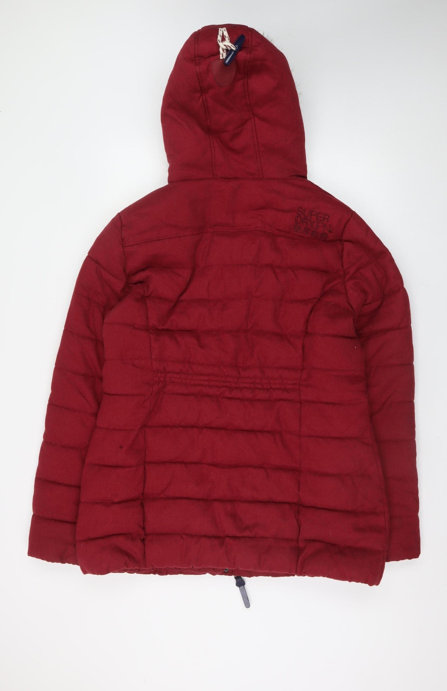 Superdry Women's Red XL Mid-Length Duffle Coat Hooded Faux Fur Trim