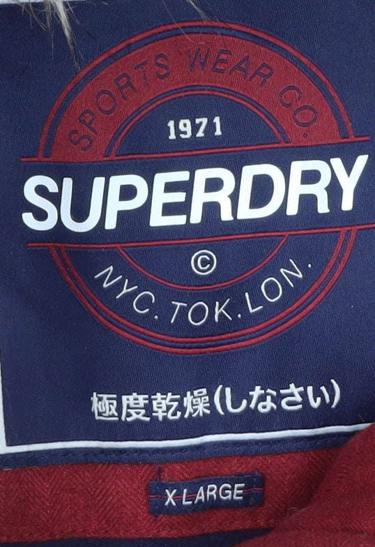 Superdry Women's Red XL Mid-Length Duffle Coat Hooded Faux Fur Trim